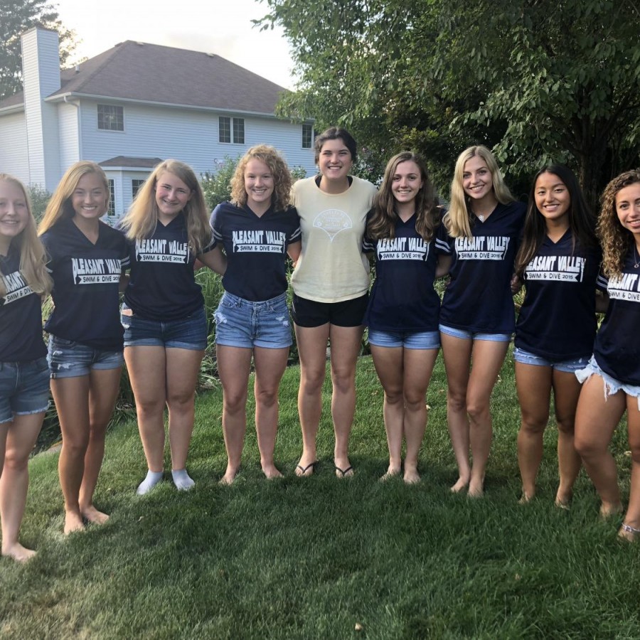 (From left to right) Seniors Grace Schons, Christy Bishop, Grace Babka, Libby Staver, Danielle Nauman, Lily Williams, Katie Oros, and Azariah Courtney pose during a get together.