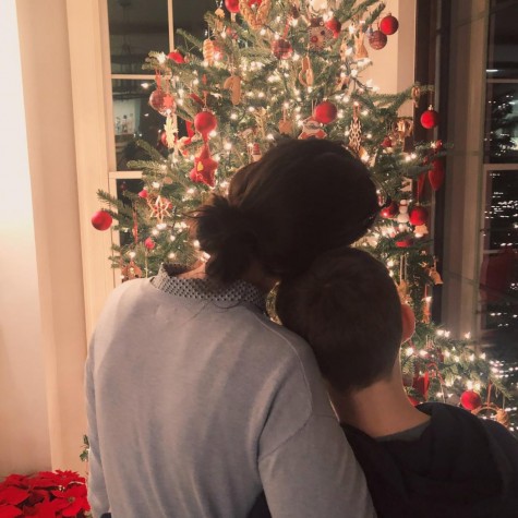 A loving Mom and her son gaze at the Christmas tree, enjoying the magic of Christmas by being together. 
