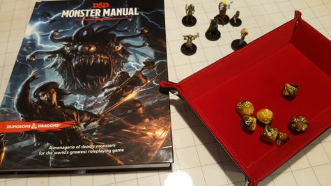 This picture shows the game items generally used when playing a game of Dungeons and Dragons.