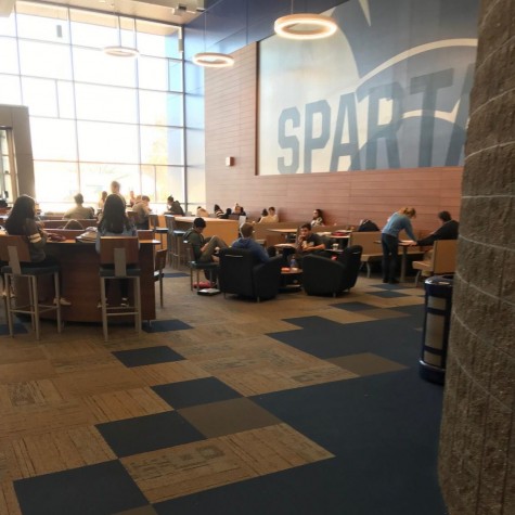 Students working in the commons area during study hall.