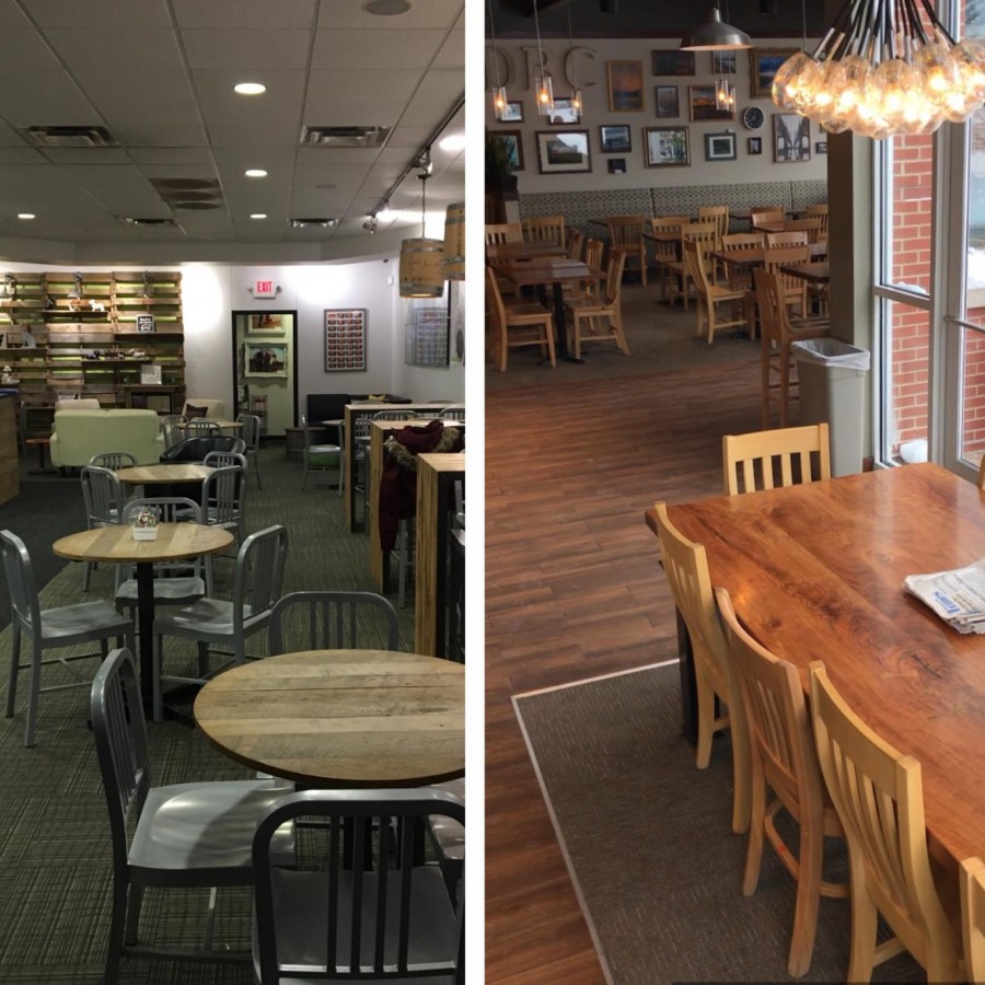 A comparison of the interiors of Coffee Hound, shown on the left, and Dunn Brothers, shown on the right. 