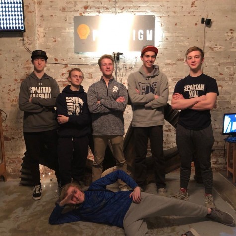 Pleasant Valleys Overwatch team after placing second in the January, 2019 tournament. Pictured (left to right): Ryan Anderson, Max Broussalian, Gavin Smith, Thomas Anderson, Brenner Stickney, and Kameron Lee (Bottom).