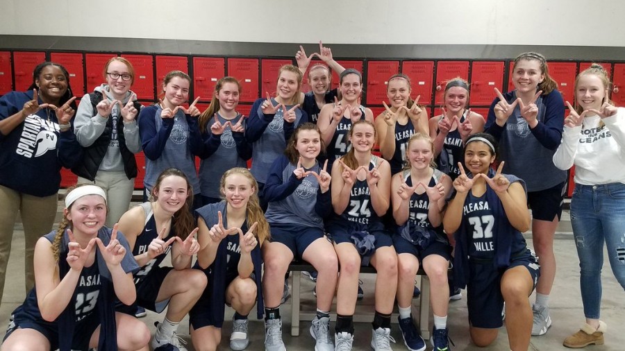 The+girls%E2%80%99+varsity+team+beam+with+smiles+after+a+win+against+Clinton+on+February+8th.+In+this+game%2C+they+broke+PV%E2%80%99s+defensive+record+and+maintained+their+undefeated+status+of+20-0.%0A