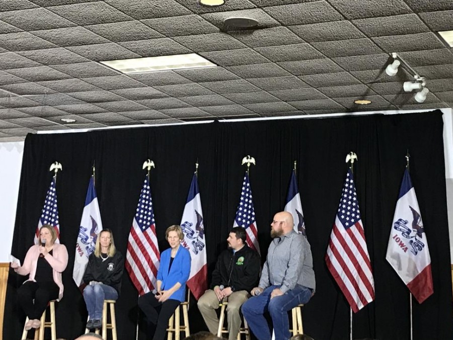 Elizabeth Warren hosts her first event in the Quad Cities, a round table at the Mississippi Valley Fairgrounds.