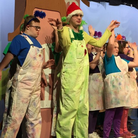 Bobby Bender (left) and James McCauley (right) performing a song in Seussical Jr. with the other citizens of Whoville.