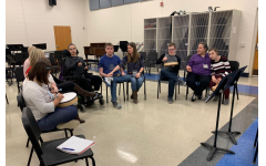 Students in adaptive music class playing the drums/ maracas to the beat of the music.
