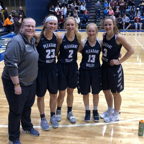 Coach Jennifer Goetz, Macy Beinborn, Adrea Arthofer, Mallory Lafever and Carli Spelhaug together after an impressive showing at the Iowa / Illinois Senior All Star game.