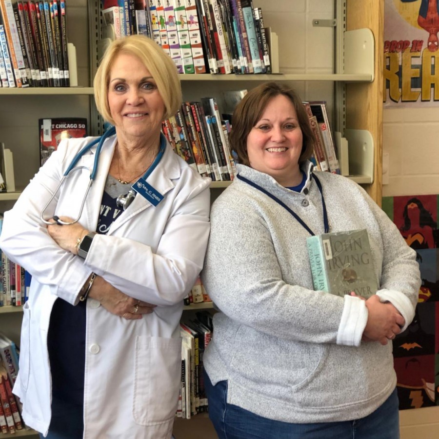 PVHS+nurse+Pam+Cinadr+%28left%29+and+PVHS+librarian+Carissa+McDonald+%28right%29+smile+together%2C+knowing+the+work+they+do+directly+impacts+PVs+students.%0A