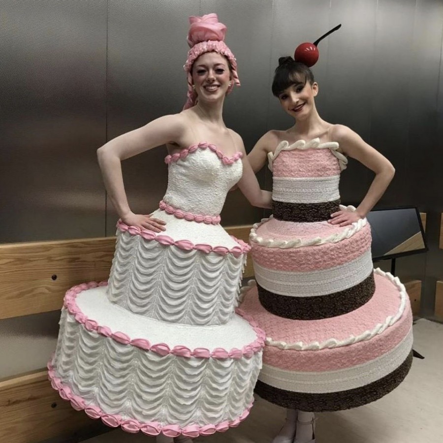 Haley Zelmer (left) with a fellow cake backstage at “Whipped Cream”.
