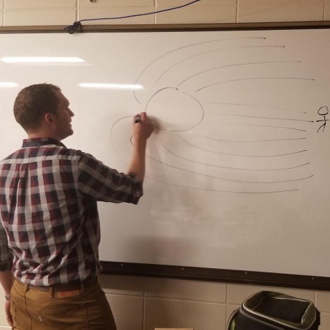 Ian Spangenberg draws a diagram demonstrating how light bends when close to a black hole.