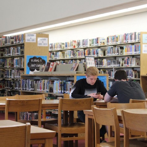 Pleasant Valley students using library resources in an open period. 