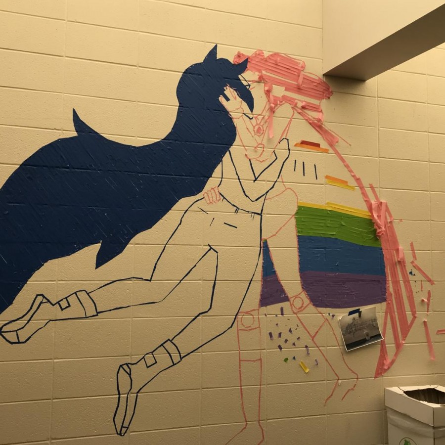  A currently in process art tape installation, created by Jei Valle-Riestra, of characters Princess Bubblegum and Marceline from animated series, Adventure Time.
