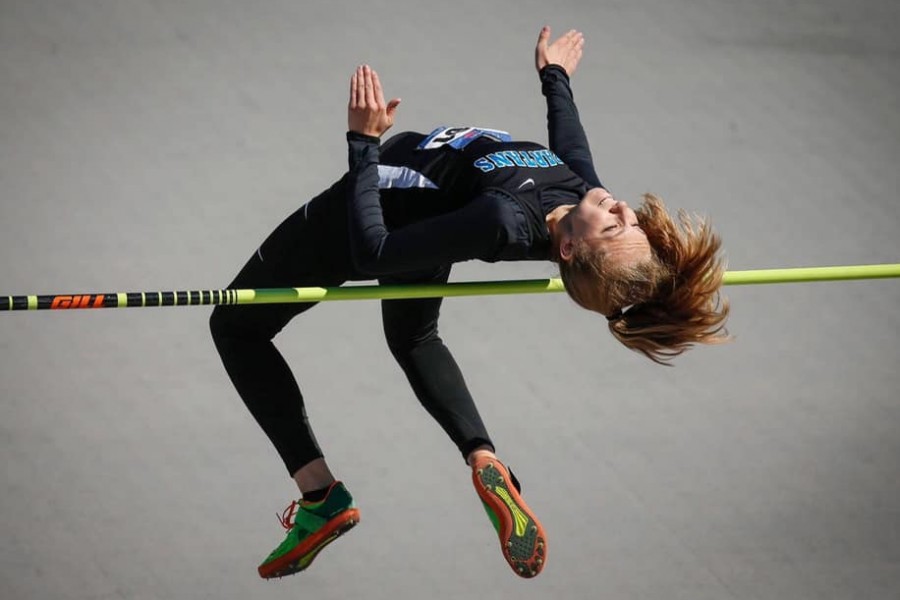 Sara Hoskins making her 5’6 jump at Drake Relays, securing the second place finish for the Lady Spartans.
