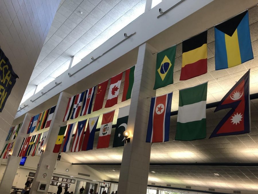 The flags in the cafeteria displaying PV’s global community
