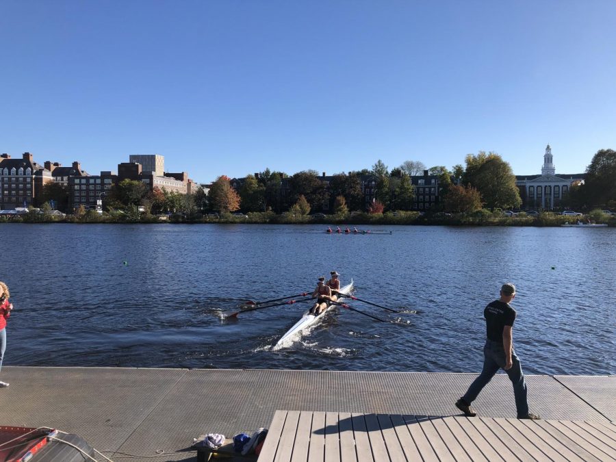 The wind blows around 15 miles an hour on the Charles River, creating a headwind against the rowers. Depending on the race, winning times were often around 18-20 minutes.