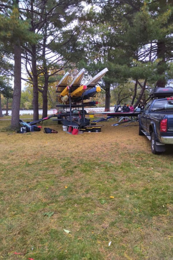 The trailer with the Y Quad Cities Rowing Teams boats arrives at the course of the Head of the Charles on October 17th.