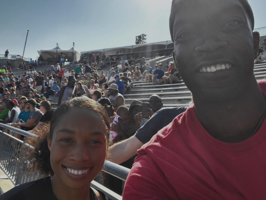 PV track coach, Kenny Wheeler, snaps a selfie with track olympian, Allyson Felix, at the USATF Outdoor Championships in Des Moines, Iowa on July 25, 2019.