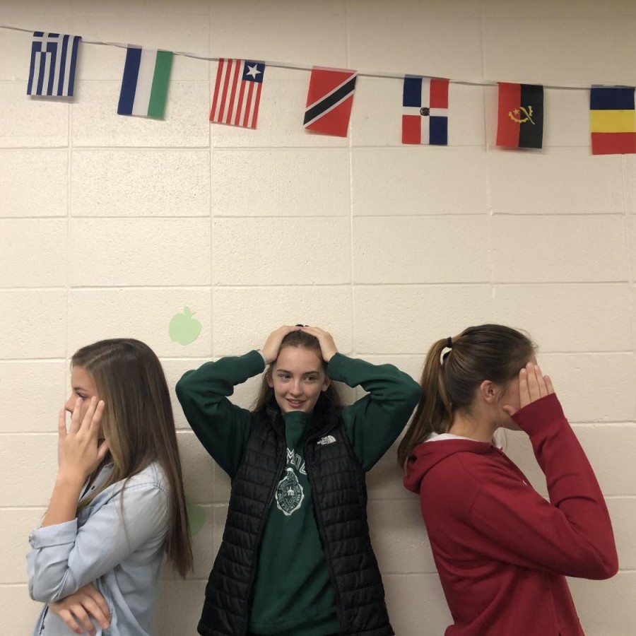 Grace+Halupnik+%28left%29%2C+Maddy+Licea+%28center%29+and+Taylor+English+%28right%29+show+frustration+in+school+due+to+the+arguing+between+different+political+views.