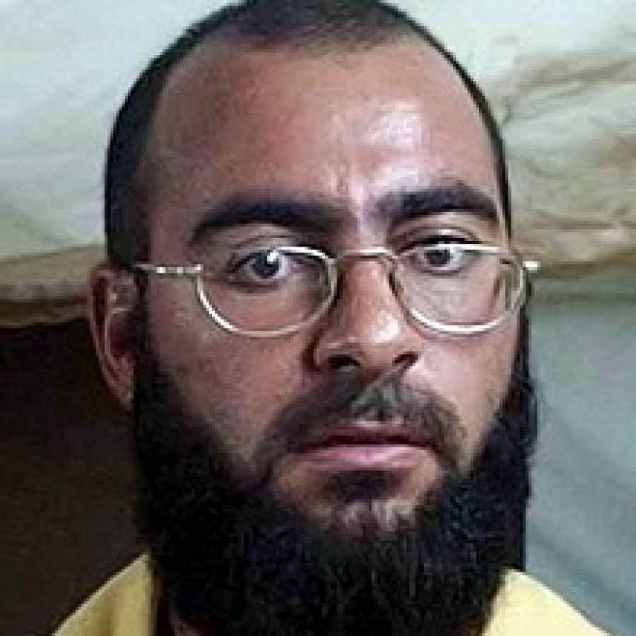 A mugshot photo of Baghdadi detained at Camp Bucca, Iraq, 2004