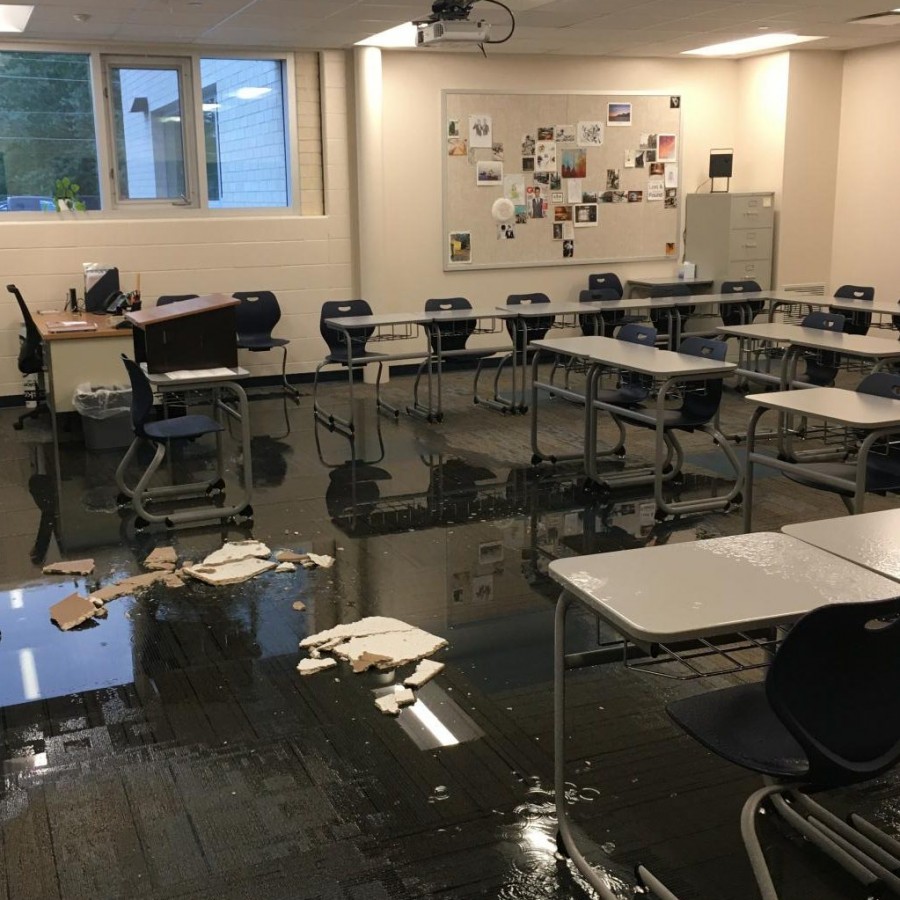 The damage done to Terronez’s classroom on Tuesday morning.
