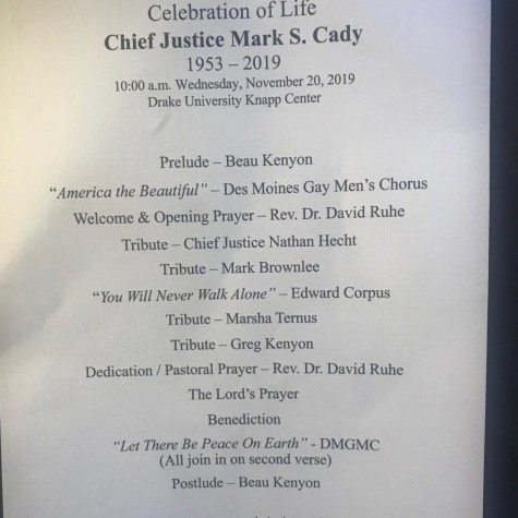 The program from Judge Cadys funeral on Nov. 20. The death of the judge was honored by several Iowans.