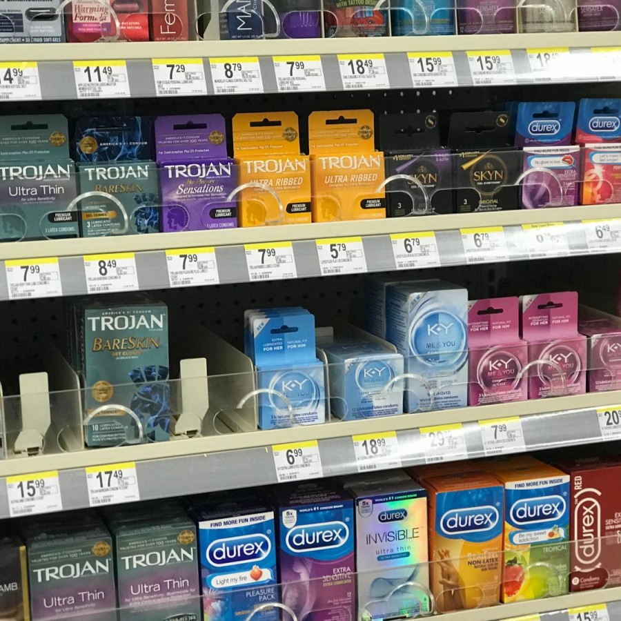 Various+brands+of+condoms+are+sold+at+this+local+Walgreens.+