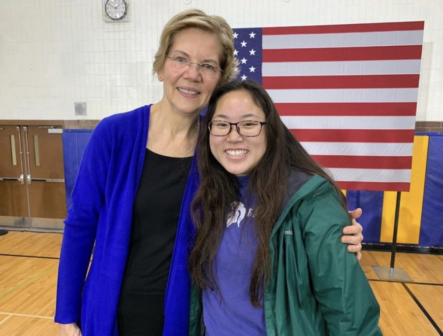 Senior Margret Huang posing with Senator Warren at Davenport North High School during her rally.