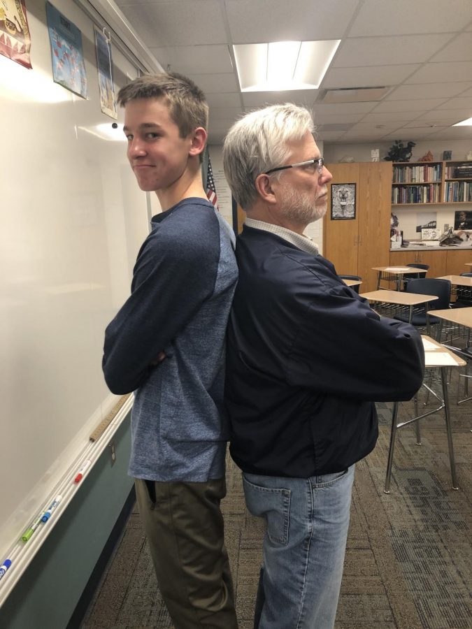 Freshman Sam Brown and English teacher Don Fry demonstrate the tensions between Gen Z and Baby Boomers. Frustration has grown between generations with the creation of the phrase, “Ok, boomer.”