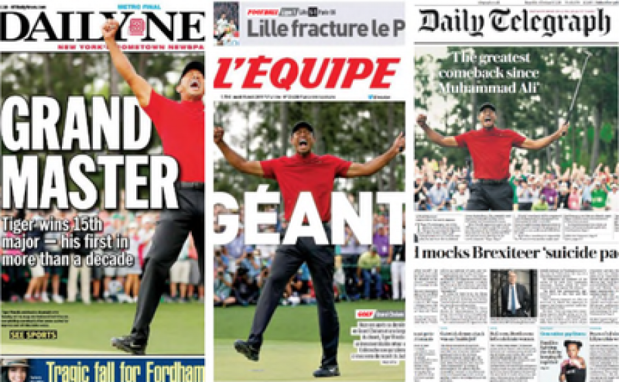 Some of the front pages of newspapers after Woods’ win portraying how much the win meant to him and the world of sports.
