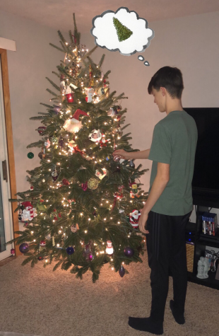 Student hangs ornament on real tree while wondering if fake tree would have been less of a hassle. 