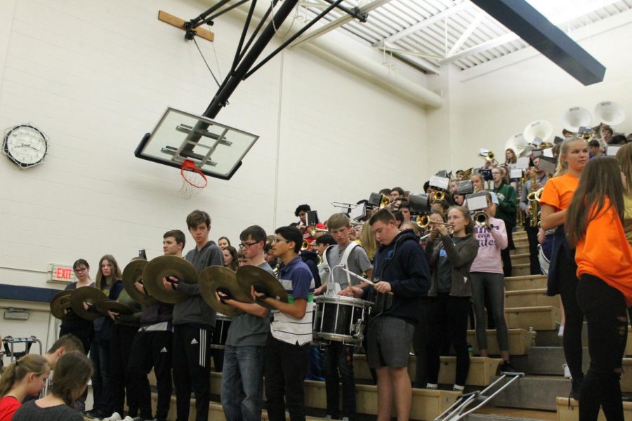 PV’s pep band playing their music during the timeout of a boy’s basketball game.
