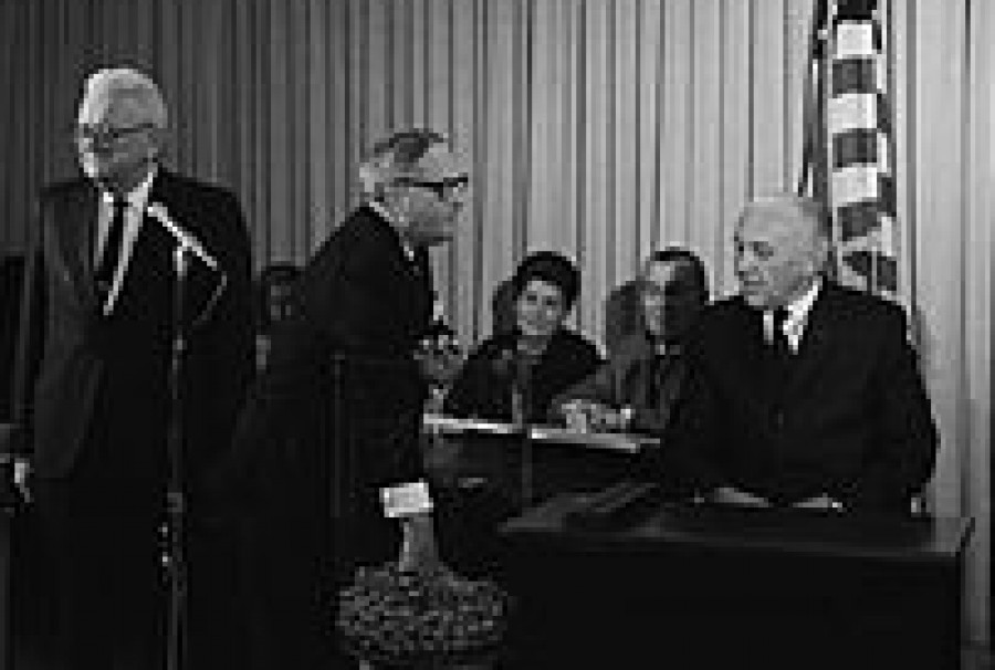 Representative Alexander Prime drawing the first number for the draft for the Vietnam War in 1969.