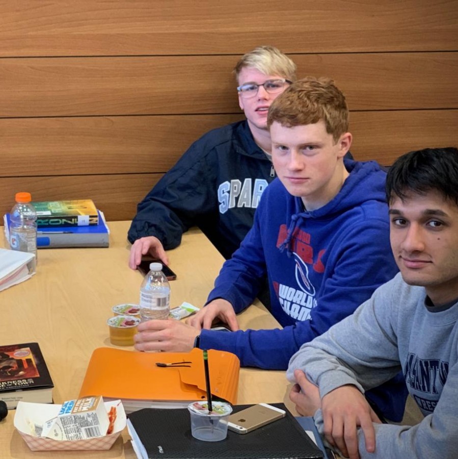 (Left to Right, Front to Back) Braxton Farmer, Brendan Hills, Shubahm Chauhan, Matt Dresselhaus, and Eli Loyd hang out in study hall. PVs caucasian to noncaucasian ratio is similar to the group of students in this photo -- around 4:1.
