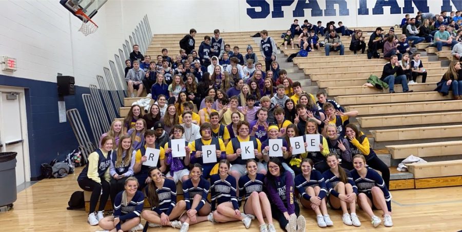 PV+students+honor+the+late+Kobe+Bryant+with+a+purple+and+yellow+theme+at+a+basketball+game.+Students+remained+seated+until+PV+scored+their+eighth+point+in+recognition+of+Bryant%E2%80%99s++jersey+number+for+the+first+half+of+his+career%2C+eight.