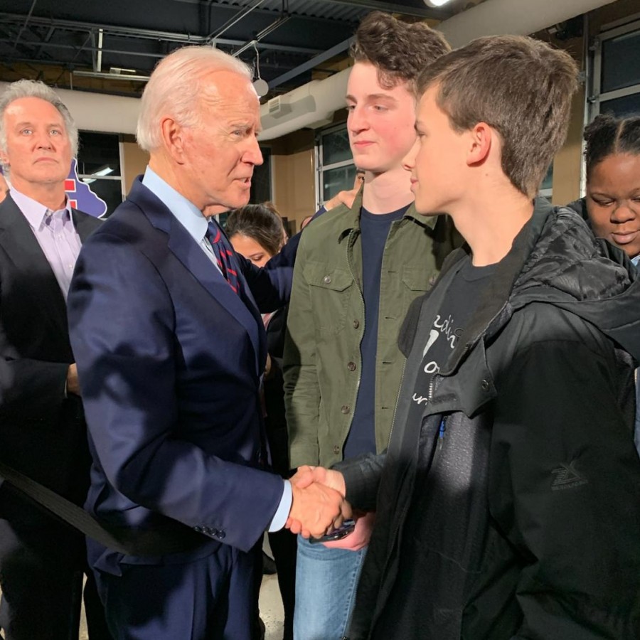 Senior Rece Vining and Junior Ben Curran talk with former Vice President Joe Biden at a campaign stop in Davenport.
