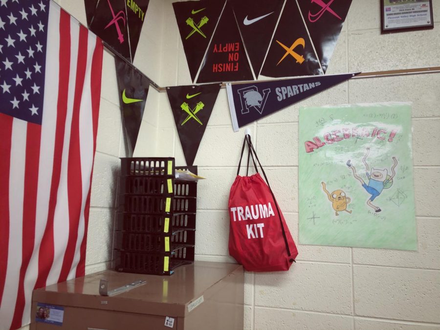 A Trauma kit is displayed in math teacher Nick Sacco’s room.
