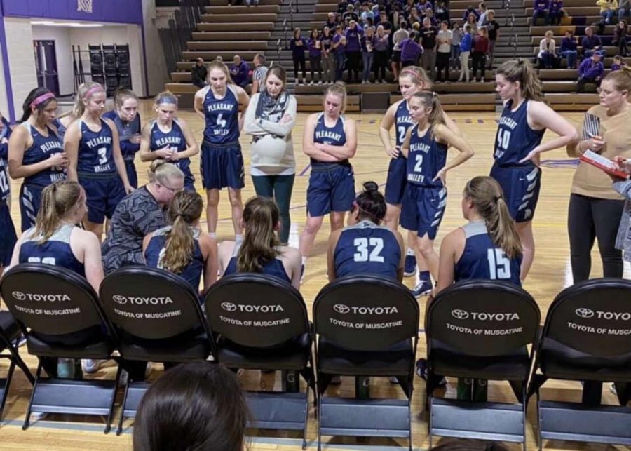 PVGBB rallied around Coach Jennifer Goetz on Feb. 19th  during a timeout against opponent Muscatine. 