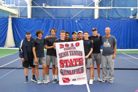  Pleasant Valley boys tennis team being awarded their state qualifier flag for their 2019 season. 
