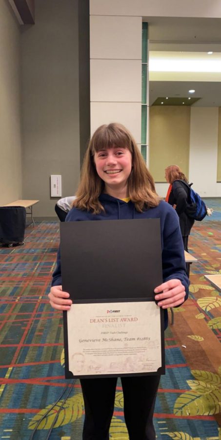 Junior Genevieve McShane poses with her Dean’s List Finalist Certificate at the FTC Iowa State Championships on Feb. 29.