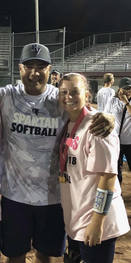 Head Coach Jose Lara and Peggy Klingler pose for a picture after winning the 2018 state softball championship. 
