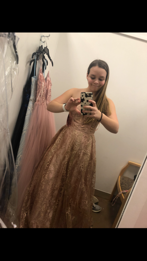 Junior Anali Anderson takes a mirror selfie of herself in a prom dress to send to her friends in the local Dillards on Feb. 21. 