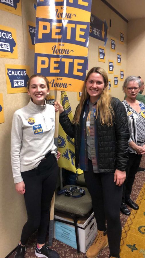 Seniors and former Presidential nominee Pete Buttigeg supporters Maddy Licea and Carly Lundry participate in the Iowa caucus on Feb. 3, 2020.