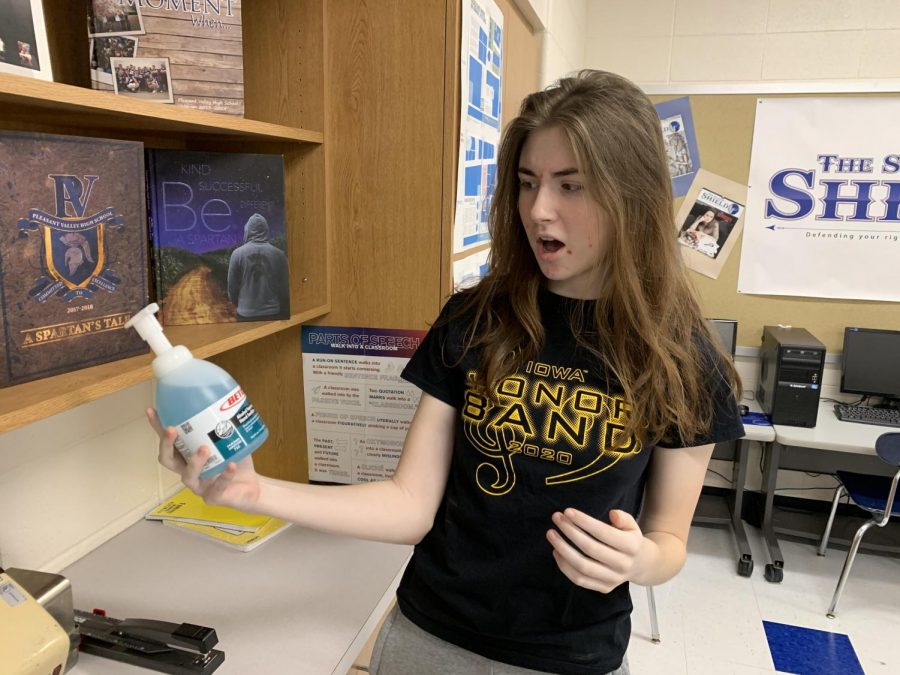 Senior Elise Johnson looks in awe at the amount of soap that PVHS is providing.
