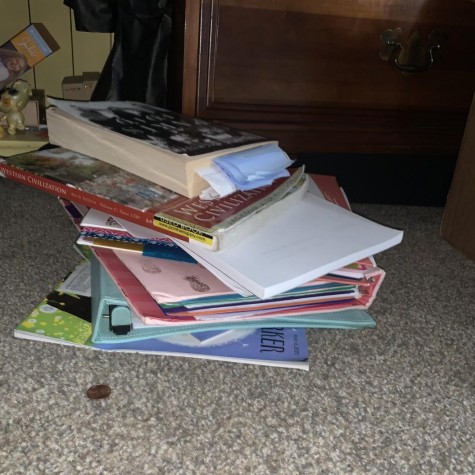 A stack of Liceas school supplies and books which are not being used due to Governor Reynolds not passing law to give access to an online education.