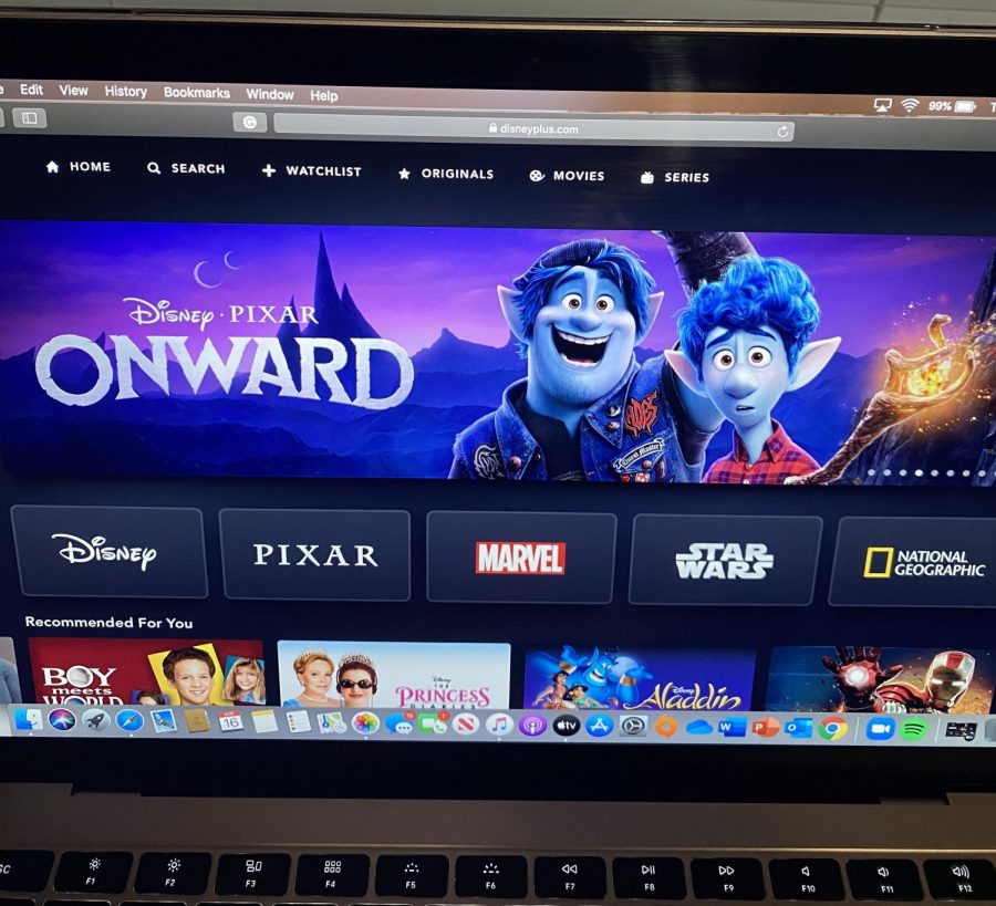 Disney Plus’ homepage featuring one of its newest releases Disney·Pixar’s Onward, one of the 2020 films that had its theatrical run cut short due to COVID-19
