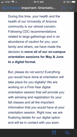 The University of Arizona announces it will have online orientation and visits that will take place in May and June through an email sent to incoming students. 
