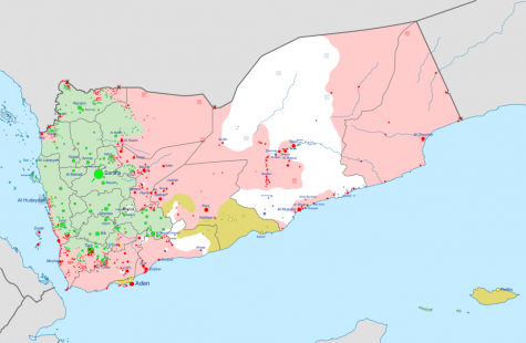 This map depicts the complex nature of the Yemeni Civil War, which has been raging since 2015 and claimed over 112,000 lives. Land held by rebels is shaded green, with the red and gold land controlled by government or government-aligned forces. Land held by Al-Qaeda is shaded white.
