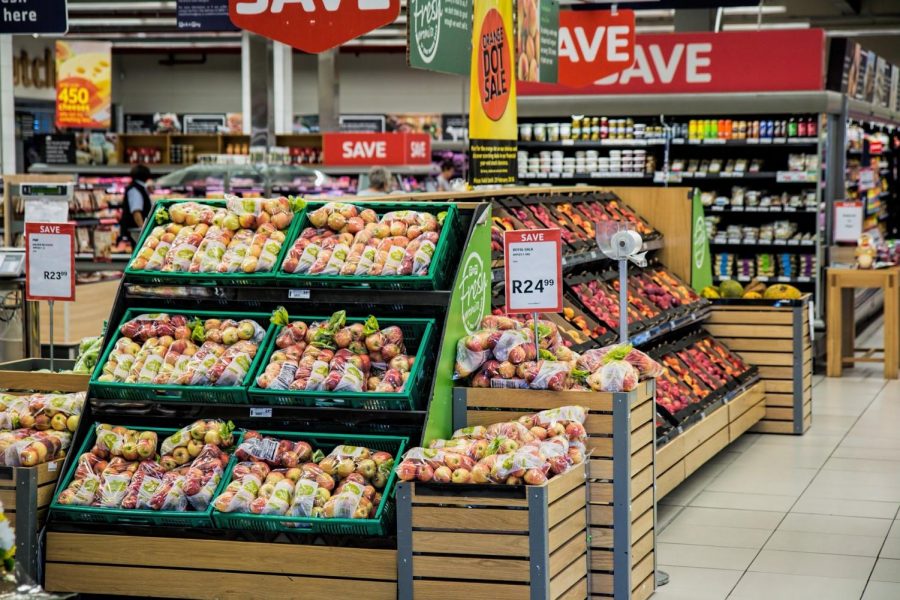 An+aerial+view+of+a+grocery+store.+As+one+of+the+most+vital+businesses+staying+open%2C+people+are+relying+on+grocery+stores+as+a+constant+source+of+food.