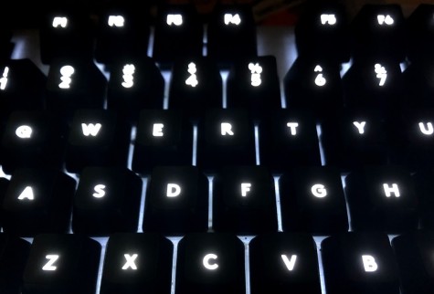 Photo of a backlit keyboard at night.