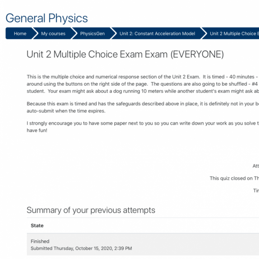 Student prepares to take a Physics exam online